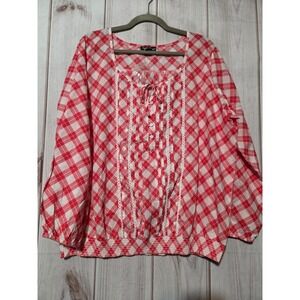 Soft Focus Red White Plaid Cotton Peasant Blouse Lace Trim Smocked Hem 18W